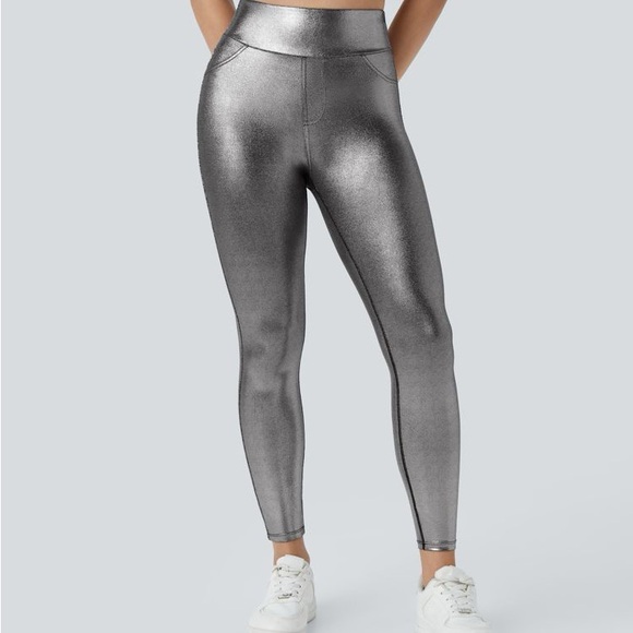 Halara SoftlyZero Faux Leather High Waisted Pocket Work Leggings Large Silver - Picture 3 of 9